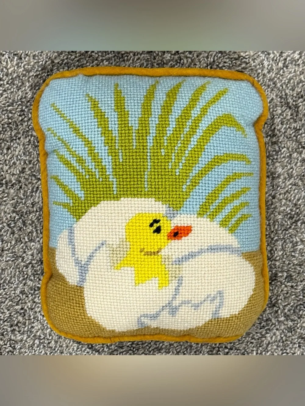 Vintage Handmade Needlepoint Duckling Pillow - Yellow & Sky Blue Small